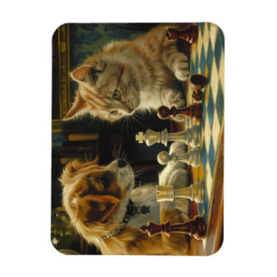 The Scholars' Standoff   Cat and Dog Playing Chess Magnet