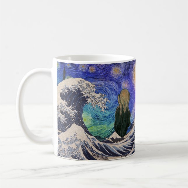 The Scream at The Great Wave Starry Night Coffee Mug (Left)