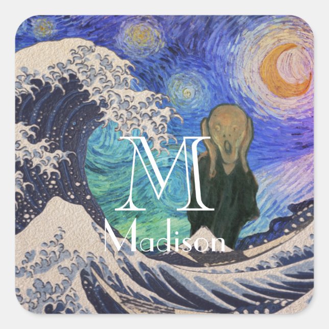 The Scream at The Great Wave Starry Night Square Sticker (Front)