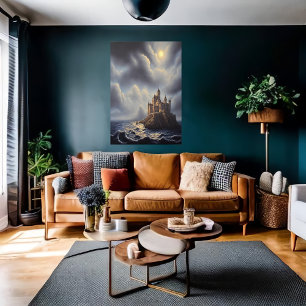 The sea a rock and a castle AI Art Poster