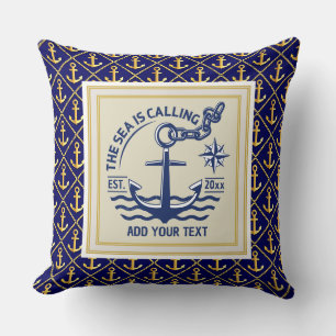 The Sea Is Calling Custom Name Anchor Navy Blue Throw Pillow
