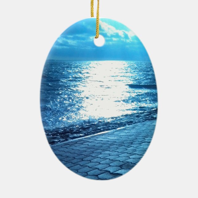 The Sea Shore, Serenity Blue Nature Photo Ceramic Ornament (Back)