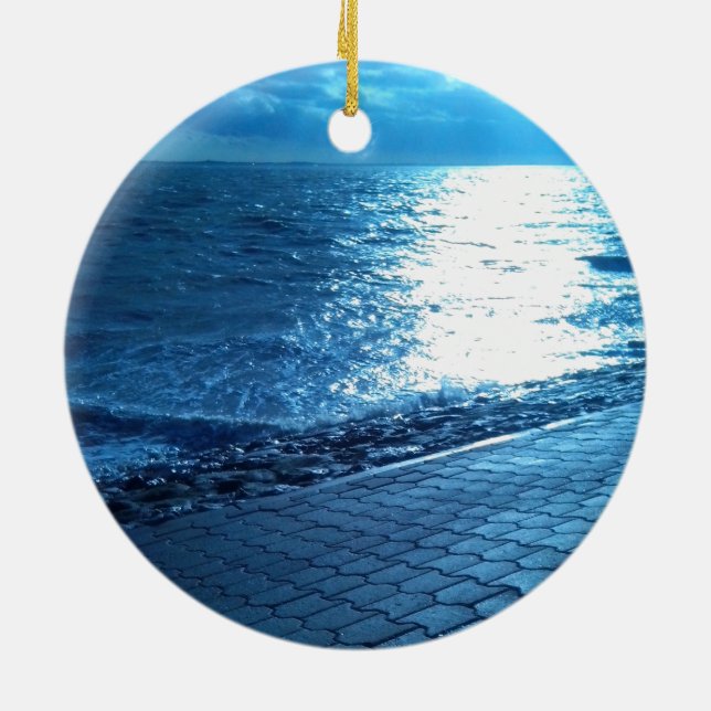 The Sea Shore, Serenity Blue Nature Photo Ceramic Ornament (Back)