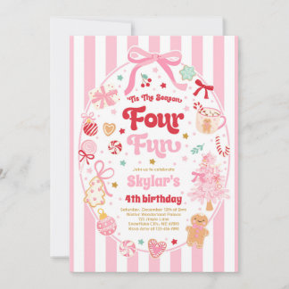 The Season Four Fun Christmas Bow 4th Birthday Invitation