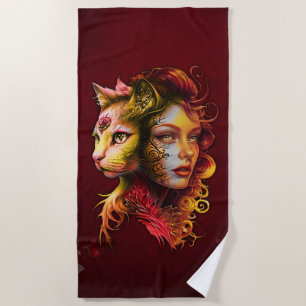 The secret of the symbiosis of a woman and a cat, beach towel