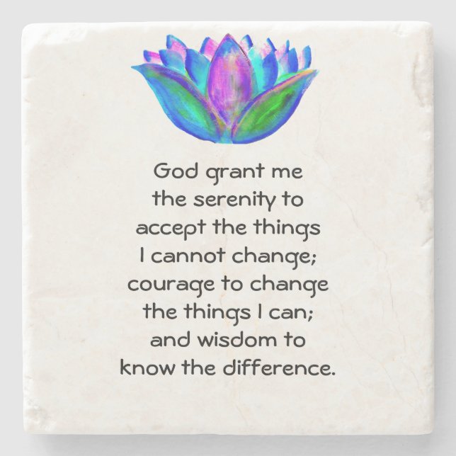 The Serenity Prayer with Colourful Lotus Blossom Stone Coaster (Front)