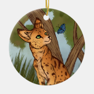 The Serval and the Butterfly Ceramic Ornament