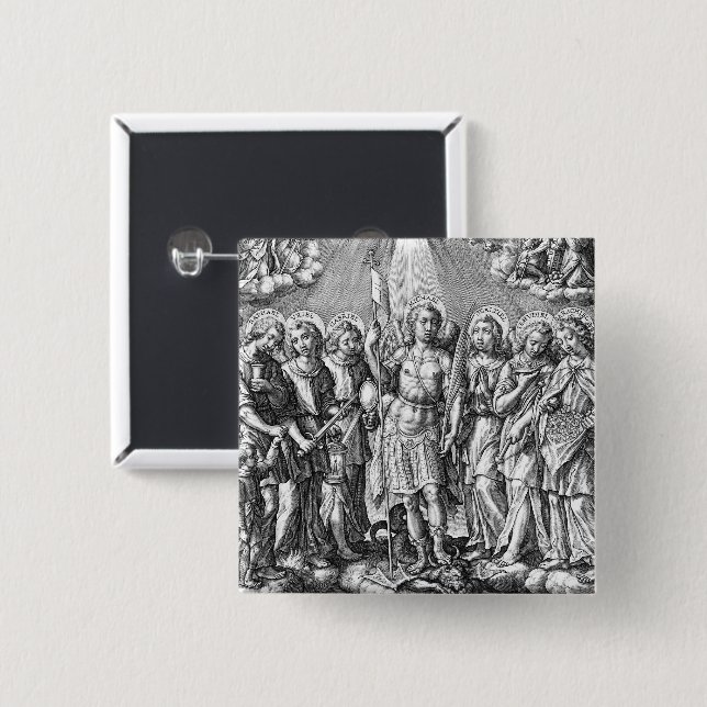 The Seven Archangels (M 034; Engraving) 2 Inch Square Button (Front & Back)