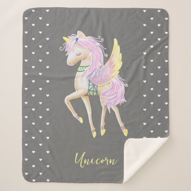 The Sherpa Blanket features a cute unicorn. (Front)