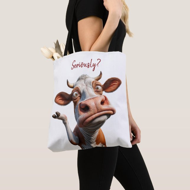 The Silly Cow - "Seriously?" Funny Quote Design Tote Bag (Close Up)