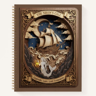 The Siren's Call Nautical Mermaid Wood Carved  Notebook