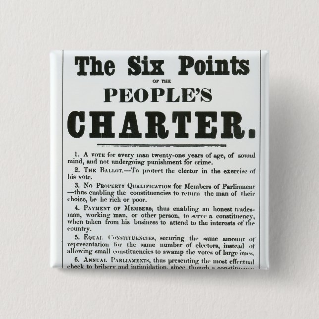 The Six Points of the People's Charter 2 Inch Square Button (Front)