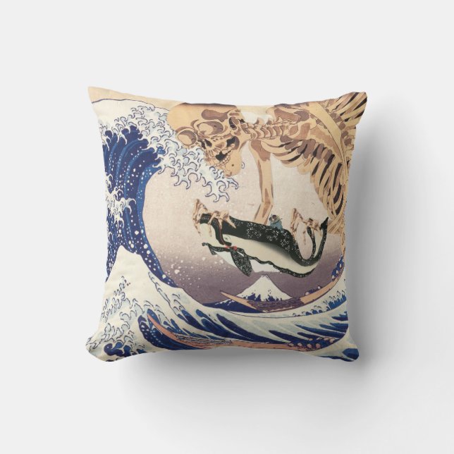 The Skeleton Spectre at The Great Wave Throw Pillow (Front)