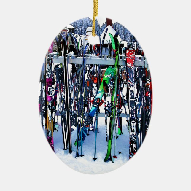 The Ski Party - Skis and Poles Ceramic Ornament (Front)