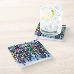 The Ski Party - Skis and Poles  Glass Coaster