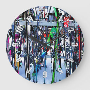 The Ski Party - Skis and Poles Large Clock