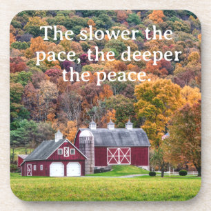 The Slower the Pace, Red Barn in Autumn Coaster