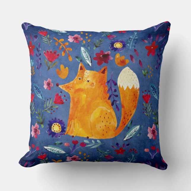 The Smart Fox in Flower Garden Throw Pillow (Front)