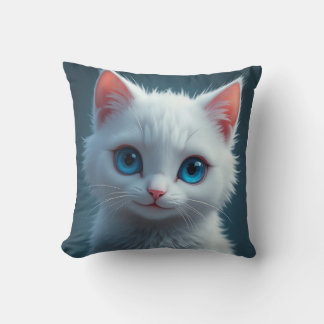 The smile of a white cat with blue eyes throw pillow