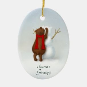 The Snowbear Whimsical Winter Scene Personalized Ceramic Ornament