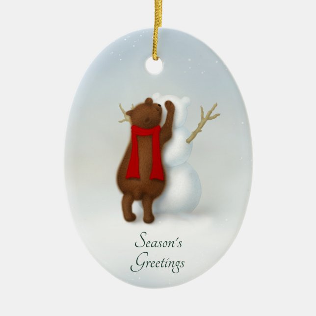 The Snowbear Whimsical Winter Scene Personalized Ceramic Ornament (Front)