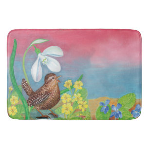 The snowdrop and the wren bird summon the spring  bath mat