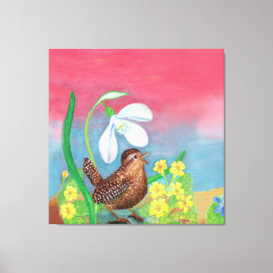 The snowdrop and the wren bird summon the spring canvas print