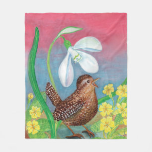 The snowdrop and the wren bird summon the spring  fleece blanket