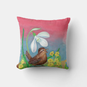 The snowdrop and the wren bird summon the spring throw pillow