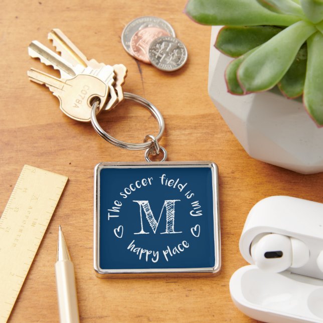 The soccer field is my happy place monogrammed keychain (Desk)