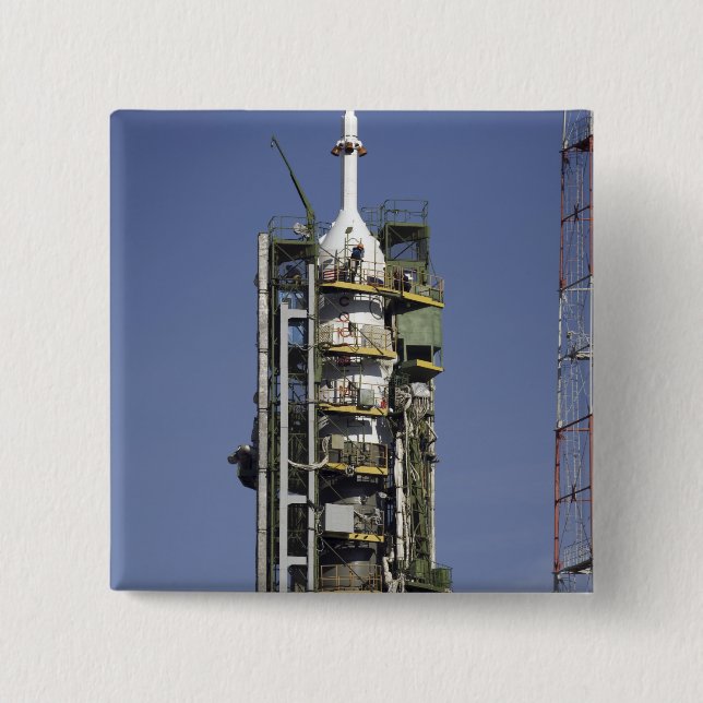 The Soyuz rocket is erected into position 2 Inch Square Button (Front)