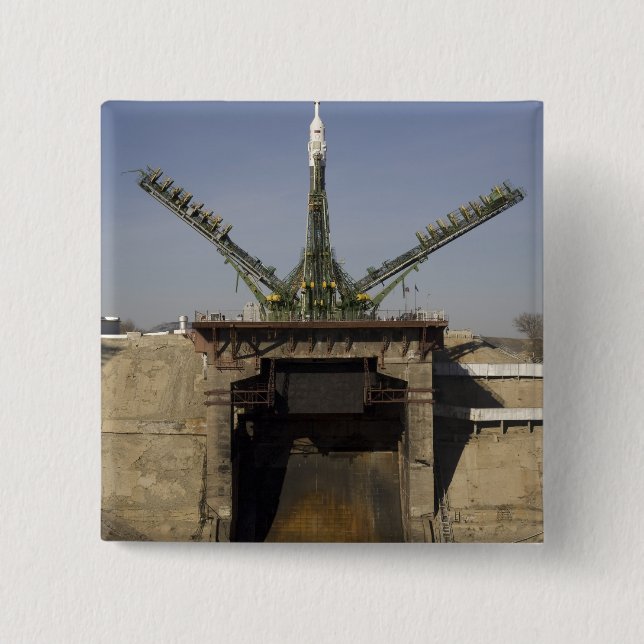 The Soyuz rocket is erected into position 3 2 Inch Square Button (Front)