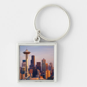 The Space Needle is a tower at dusk in Seattle Keychain