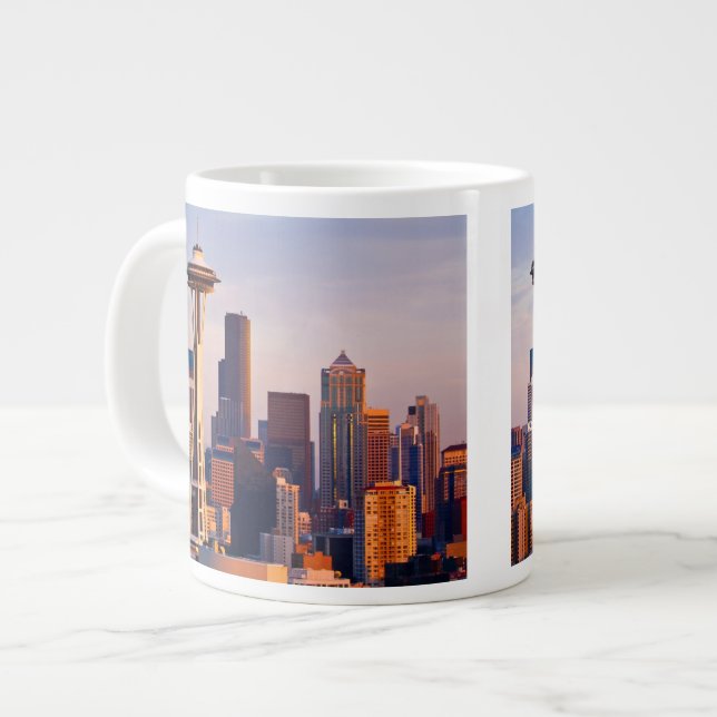 The Space Needle is a tower at dusk in Seattle Large Coffee Mug (Front Left)