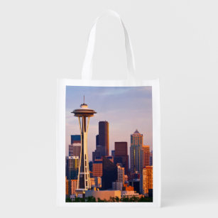 The Space Needle is a tower at dusk in Seattle Reusable Grocery Bag