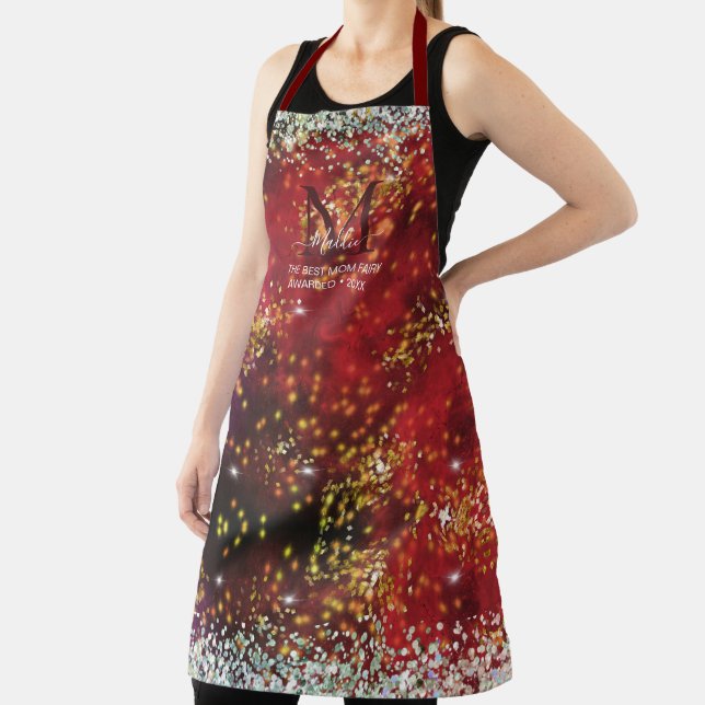 The Sparkle glittery glam red custom Monogram Apron (Insitu)