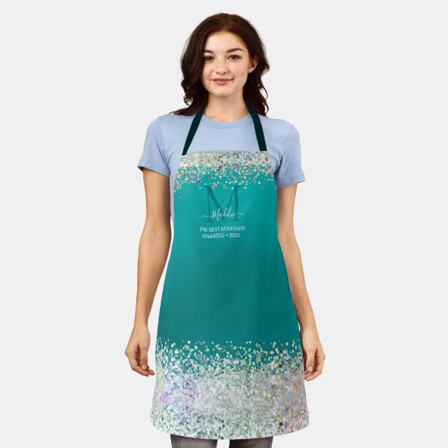 The Sparkle glittery glam teal custom Monogram Apr Apron (Worn)