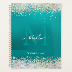 The Sparkle glittery glam teal metallic Monogram Planner