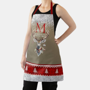 The Sparkle glittery red grey deer custom Monogram Apron