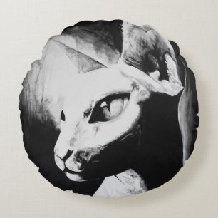 The Sphynx Cat Feline Black & White Original Art Round Pillow