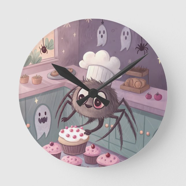 The Spider Baker | Kawaii Halloween Poster Round Clock (Front)
