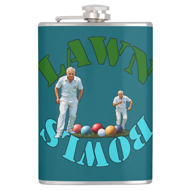 The Spirit of Lawn Bowls: Bowlers and Bowls Hip Flask (Front)