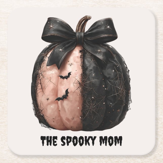 The Spooky Mom Halloween Pumpkin Square Paper Coaster (Front)