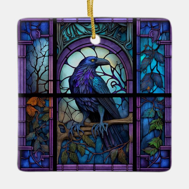 The Spooky Raven Stained Glass Ceramic Ornament (Front)