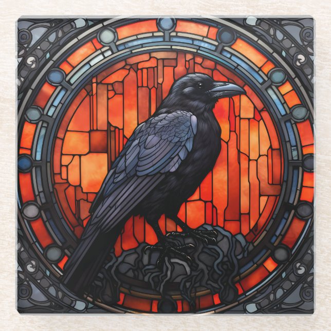 The Spooky Raven Stained Glass Glass Coaster (Front)