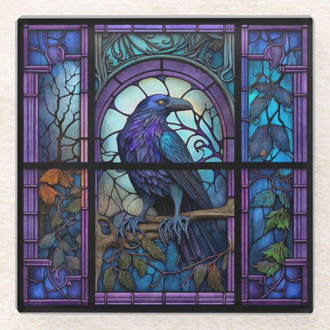 The Spooky Raven Stained Glass Glass Coaster (Front)