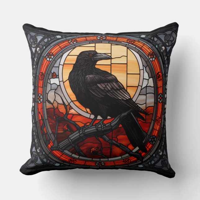The Spooky Raven Stained Glass Throw Pillow (Front)
