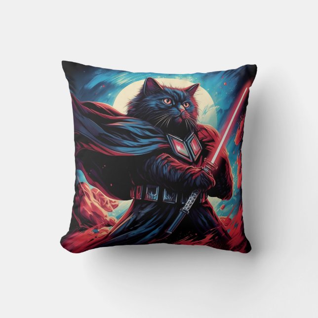 The Stardust Samurai | Cosmic Cat Warrior Throw Pillow (Front)