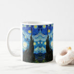 The Starry Night by Vincent Van Gogh  Coffee Mug<br><div class="desc">The painting is dominated by a moon- and star-filled night sky. It takes up three-quarters of the picture plane and appears turbulent, even agitated, with intensely swirling patterns that seem to roll across its surface like waves. It is pocked with bright orbs—including the crescent moon to the far right, and...</div>