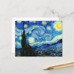 The Starry Night by Vincent Van Gogh  Postcard<br><div class="desc">The painting is dominated by a moon- and star-filled night sky. It takes up three-quarters of the picture plane and appears turbulent, even agitated, with intensely swirling patterns that seem to roll across its surface like waves. It is pocked with bright orbs—including the crescent moon to the far right, and...</div>